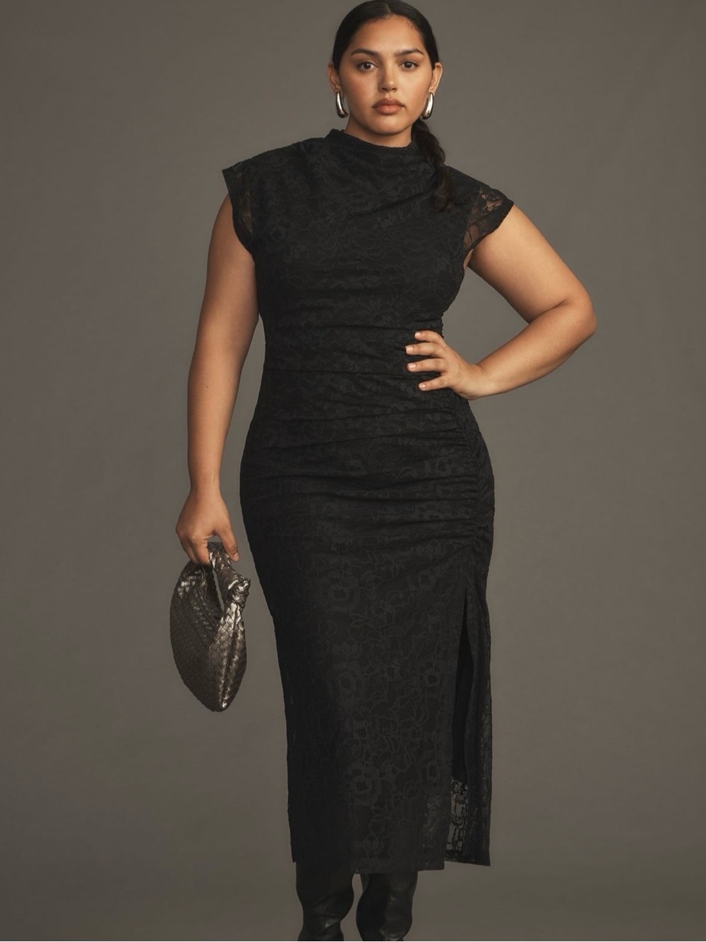 The Maya Ruched Cowl-Neck Dress:
Lace Edition